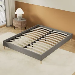November Lit avec sommier lattes en bois - 120x190 cm - Tissu Gris - Pieds en bois* Sommier
