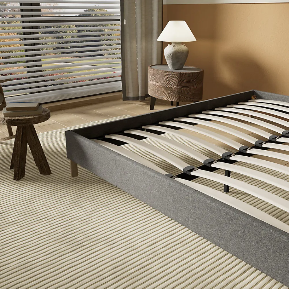 Lit avec sommier lattes en bois - 140x200 cm - Tissu Gris - Pieds en bois>November Best