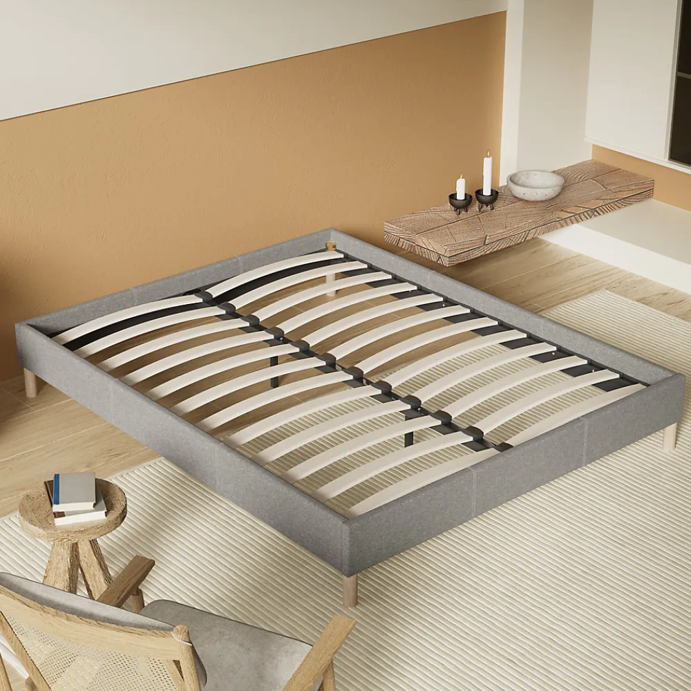 Lit avec sommier lattes en bois - 140x200 cm - Tissu Gris - Pieds en bois>November Best