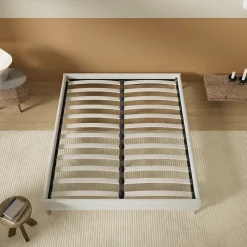 November Lit avec sommier lattes en bois - 160x200 cm - Tissu Blanc - Pieds en bois* Sommier