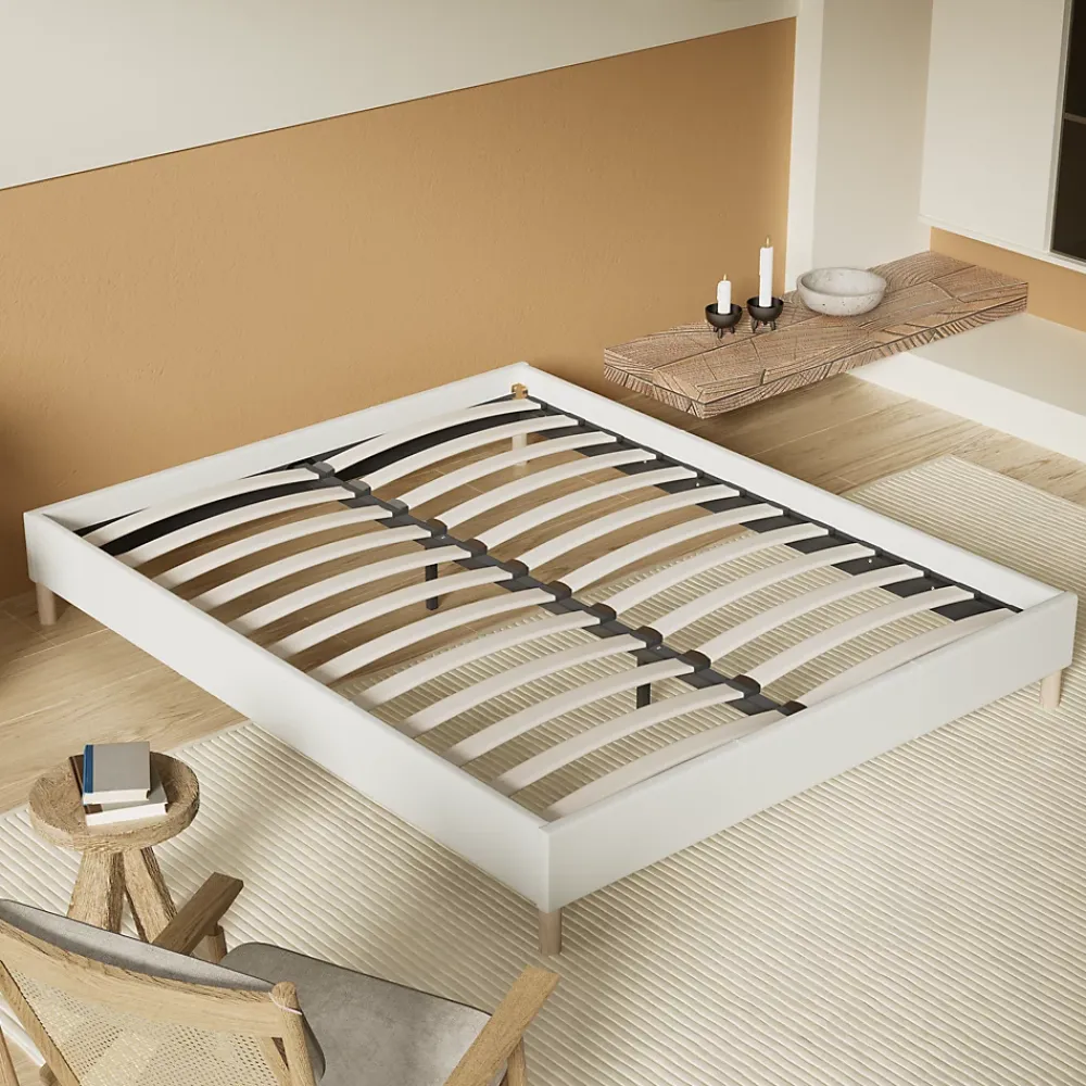 November Lit avec sommier lattes en bois - 160x200 cm - Tissu Blanc - Pieds en bois* Sommier