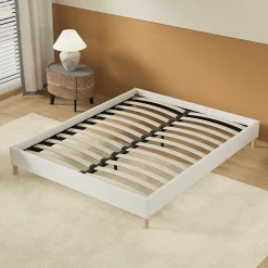 Lit avec sommier lattes en bois - 140x190 cm - Tissu Blanc - Pieds en bois>November Online