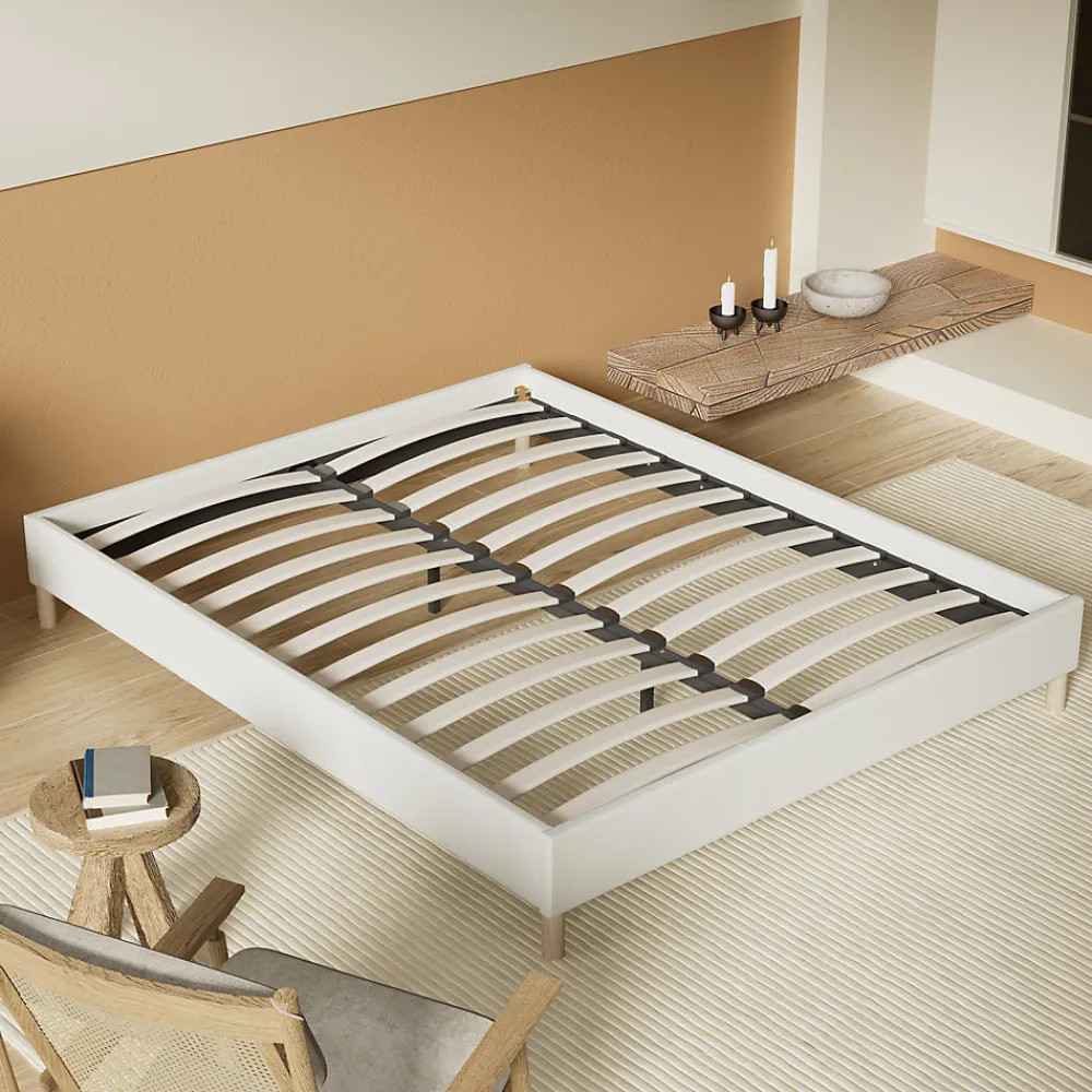 Lit avec sommier lattes en bois - 140x190 cm - Tissu Blanc - Pieds en bois>November Online