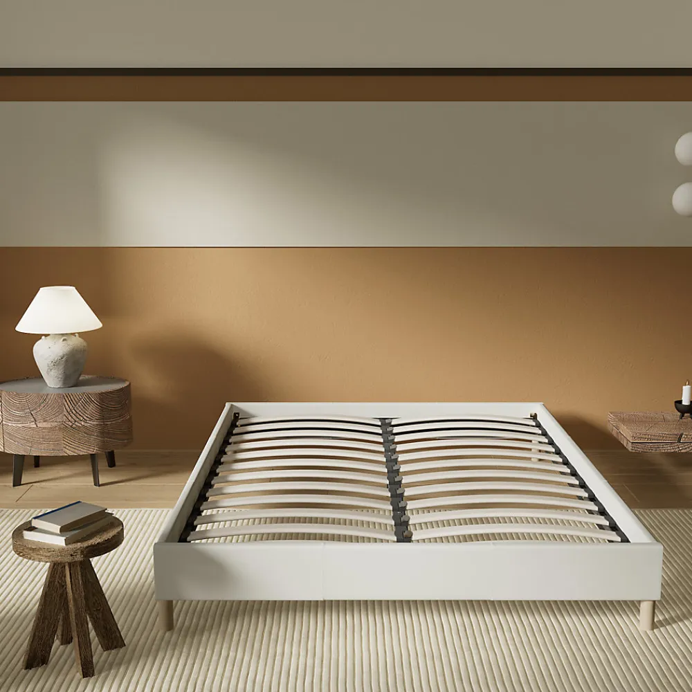 Lit avec sommier lattes en bois - 140x190 cm - Tissu Blanc - Pieds en bois>November Online