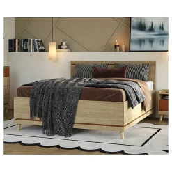 Meublorama Lit avec sommier NOKI 180x200 cm chene clair et moka Style scandinave* Lit Double