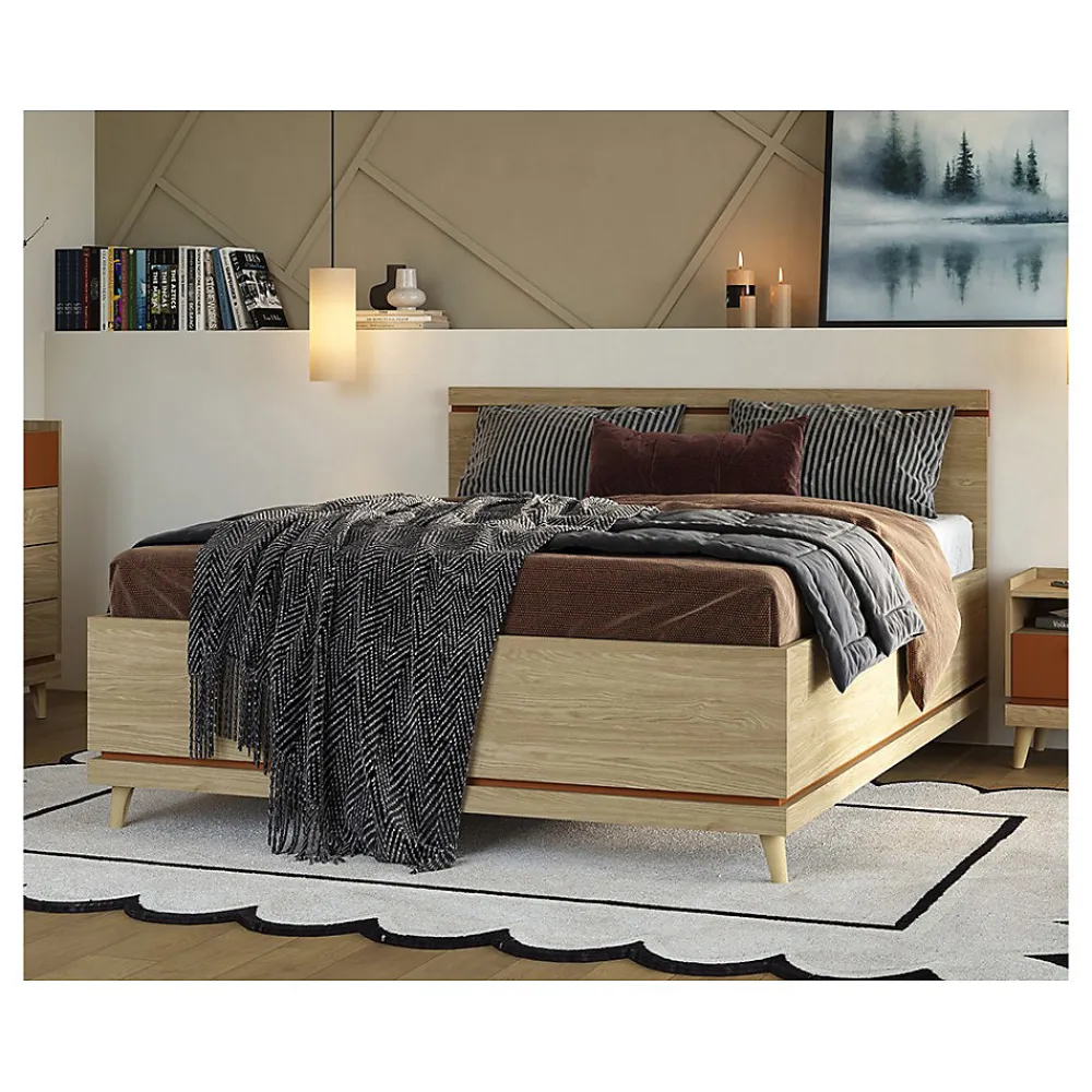 Meublorama Lit avec sommier NOKI 180x200 cm chene clair et moka Style scandinave* Lit Double