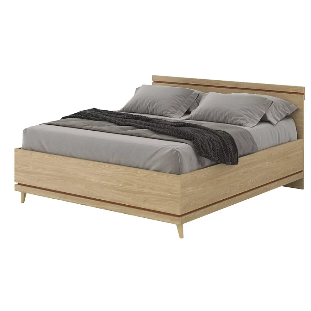 Meublorama Lit avec sommier NOKI 180x200 cm chene clair et moka Style scandinave* Lit Double