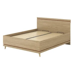 Meublorama Lit avec sommier NOKI 180x200 cm chene clair et moka Style scandinave* Lit Double