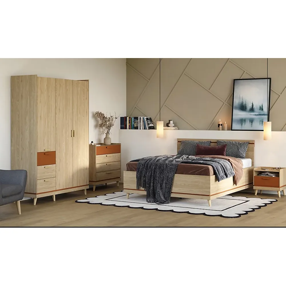 Meublorama Lit avec sommier NOKI 180x200 cm chene clair et moka Style scandinave* Lit Double