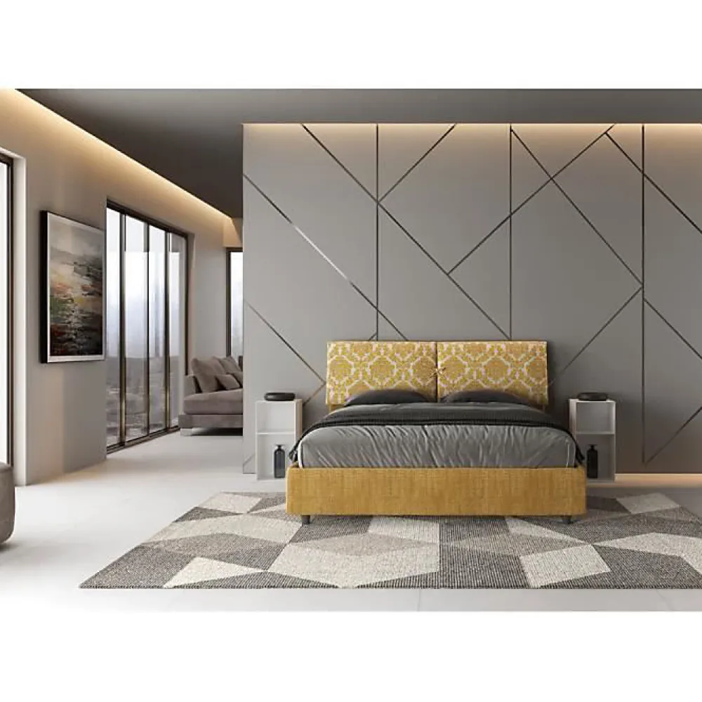 Ityhome Lit avec sommier rembourré 160x200 en tissu Agata 3 jaune Mados* Lit Coffre