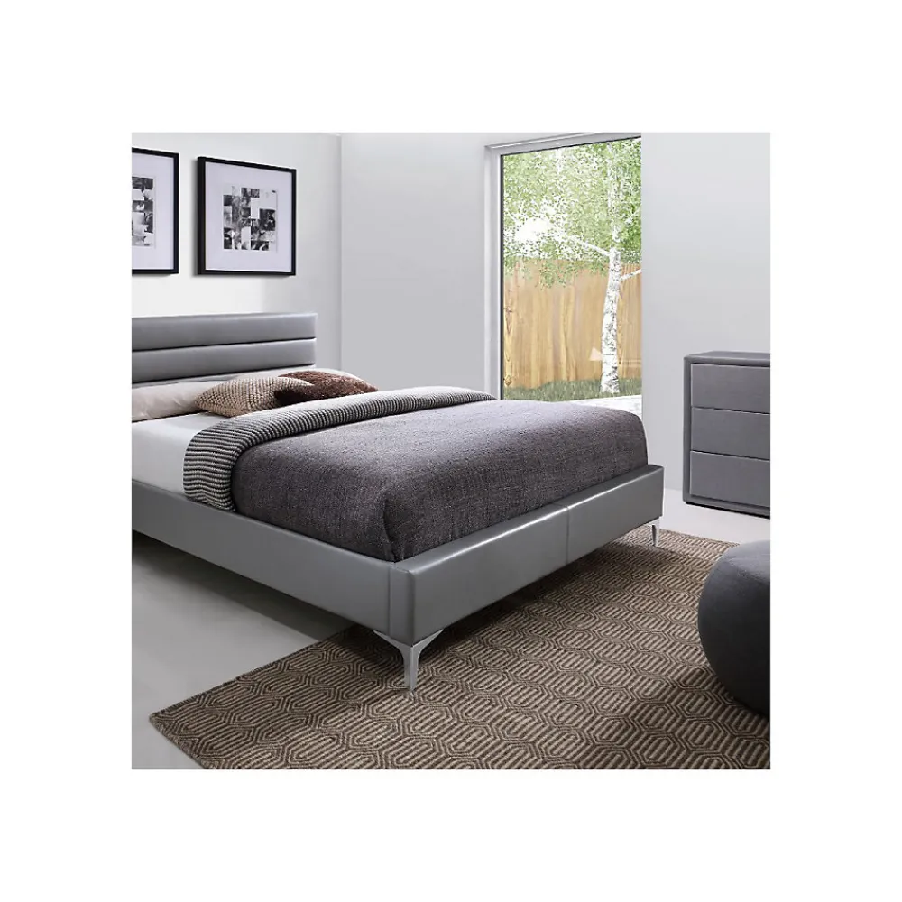 Lit avec sommier THOMAS 160x200 en simili cuir, coloris gris 215 x 99,5 x 165 cm>Meublorama