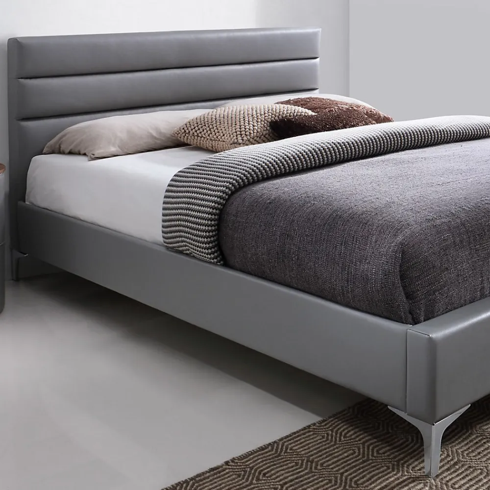 Lit avec sommier THOMAS 160x200 en simili cuir, coloris gris 215 x 99,5 x 165 cm>Meublorama