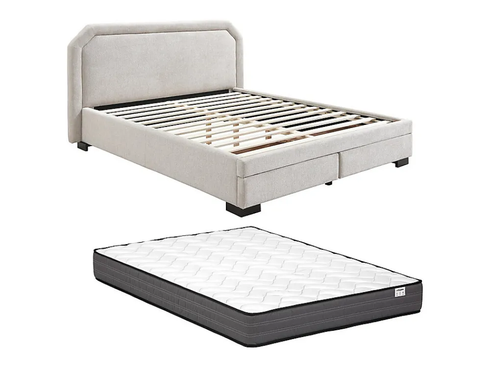 Lit avec tiroirs 180 x 200 cm - Tissu - Beige + Matelas - INASTO>Vente-unique