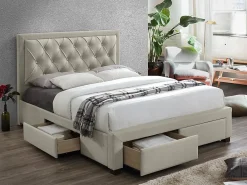 Vente-unique Lit avec tiroirs 180 x 200 cm - Tissu velours - Beige + Matelas - LEOPOLD* Lit Avec Rangement