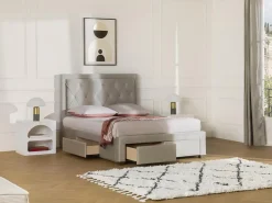 Lit avec tiroirs 140 x 190 cm - Tissu velours - Beige + Matelas - LEOPOLD><noscript><img width=
