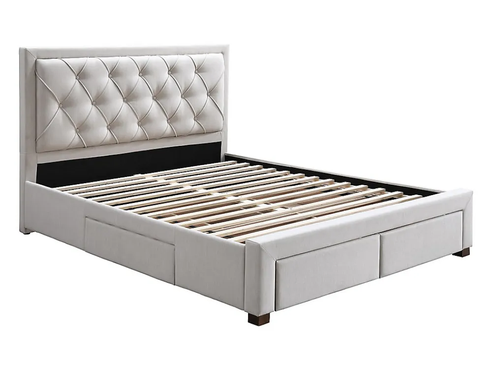 Lit avec tiroirs 160 x 200 cm - Tissu - Beige + Matelas - LEOPOLD>Vente-unique Outlet
