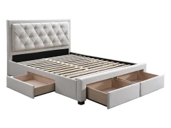 Lit avec tiroirs 160 x 200 cm - Tissu - Beige + Matelas - LEOPOLD><noscript><img width=