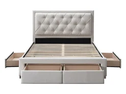 Lit avec tiroirs 160 x 200 cm - Tissu - Beige + Matelas - LEOPOLD><noscript><img width=