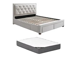 Lit avec tiroirs 160 x 200 cm - Tissu - Beige + Matelas - LEOPOLD><noscript><img width=