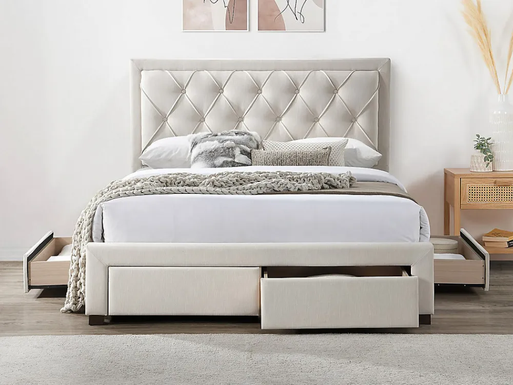 Lit avec tiroirs 160 x 200 cm - Tissu - Beige + Matelas - LEOPOLD>Vente-unique Outlet