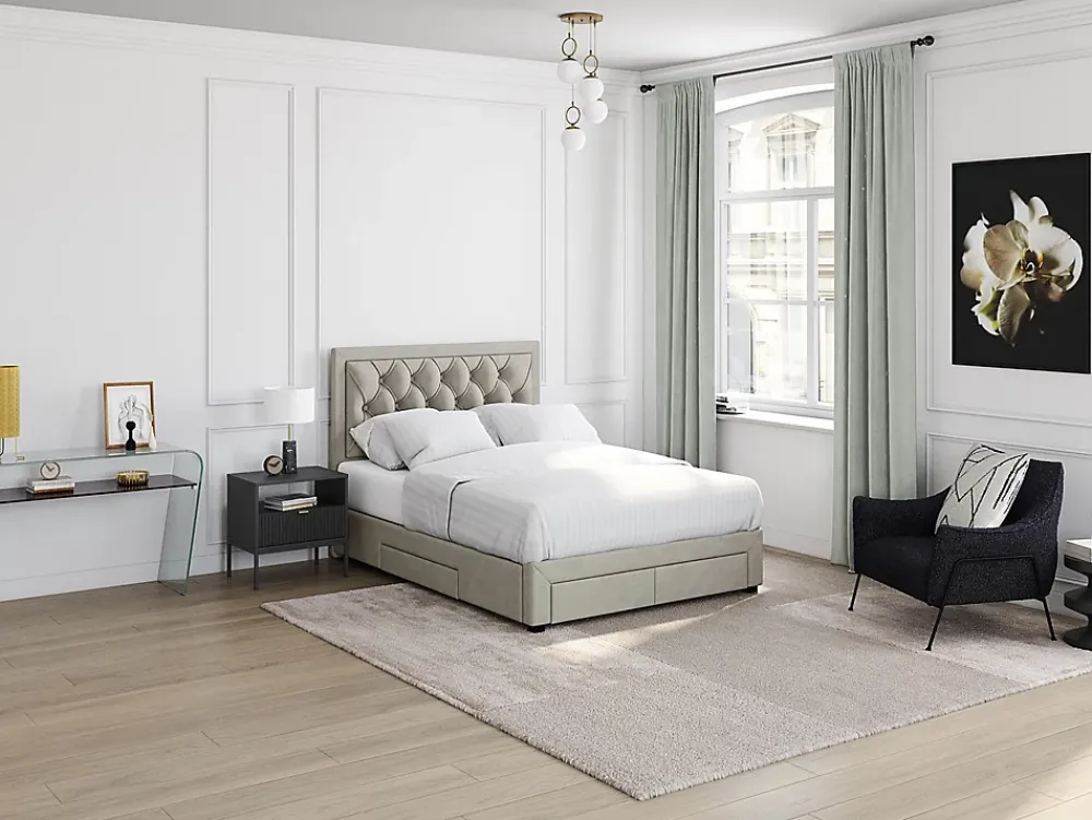 Vente-unique Lit avec tiroirs 140 x 190 cm - Tissu velours - Beige - LEOPOLD* Lit Avec Rangement