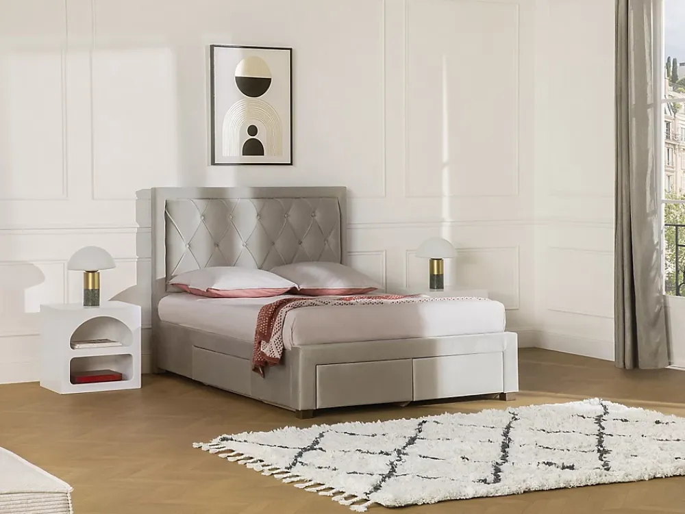 Vente-unique Lit avec tiroirs 140 x 190 cm - Tissu velours - Beige - LEOPOLD* Lit Avec Rangement