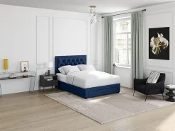 Vente-unique Lit avec tiroirs 160 x 200 cm - Tissu velours bleu + Matelas - LEOPOLD* Lit Avec Rangement