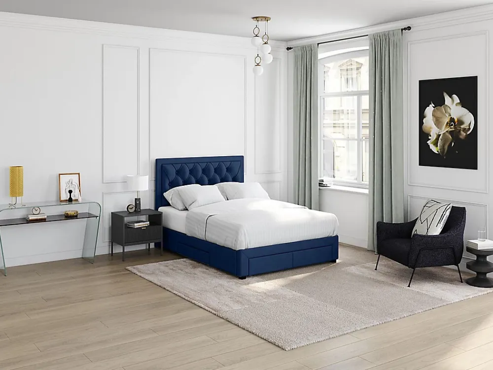 Vente-unique Lit avec tiroirs 160 x 200 cm - Tissu velours bleu + Matelas - LEOPOLD* Lit Avec Rangement