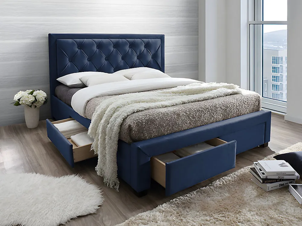 Vente-unique Lit avec tiroirs 160 x 200 cm - Tissu velours bleu + Matelas - LEOPOLD* Lit Avec Rangement