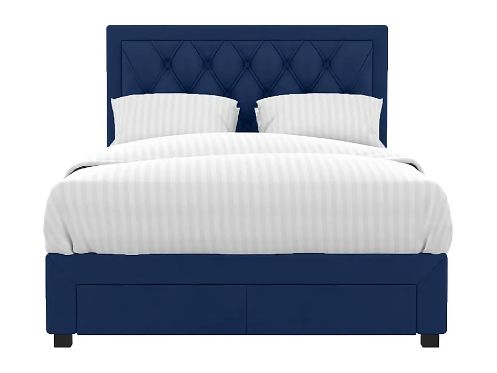Vente-unique Lit avec tiroirs 160 x 200 cm - Tissu velours bleu + Matelas - LEOPOLD* Lit Avec Rangement