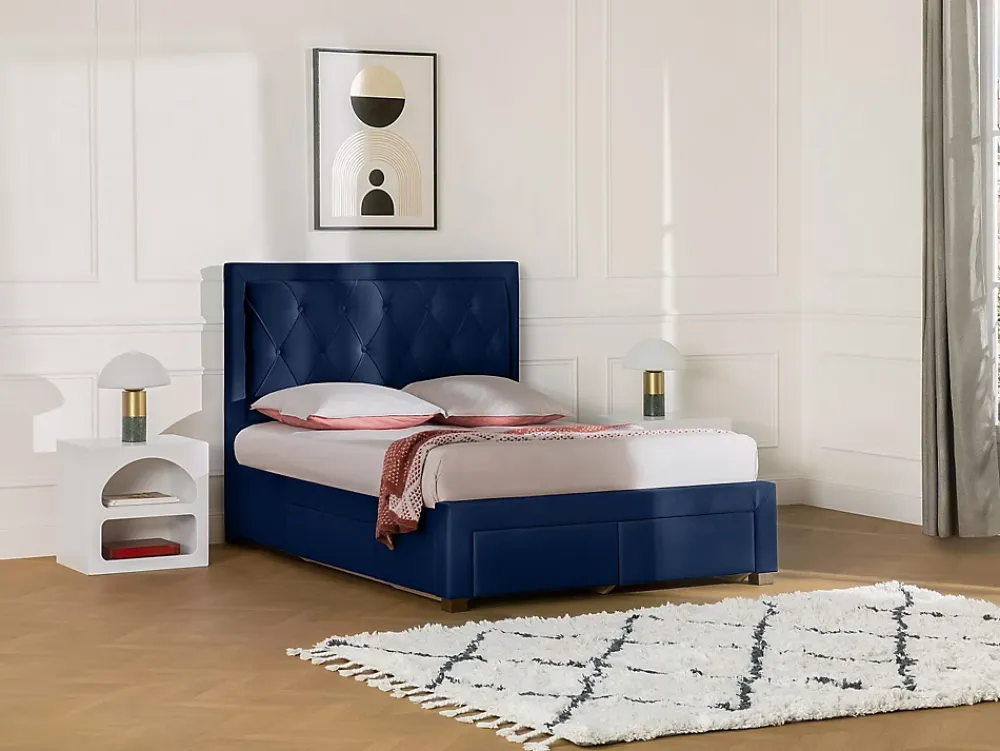 Vente-unique Lit avec tiroirs 160 x 200 cm - Tissu velours bleu + Matelas - LEOPOLD* Lit Avec Rangement