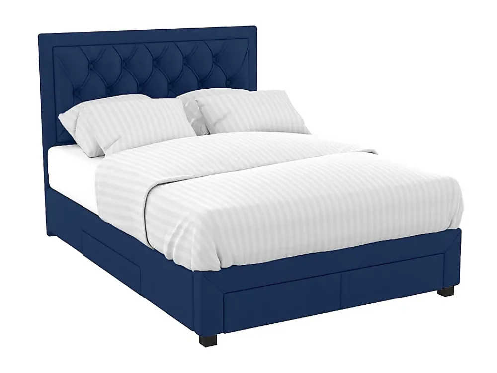 Vente-unique Lit avec tiroirs 160 x 200 cm - Tissu velours bleu + Matelas - LEOPOLD* Lit Avec Rangement