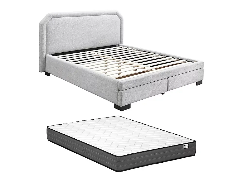 Vente-unique Lit avec tiroirs 160 x 200 cm - Tissu - Gris clair + Matelas - INASTO* Lit Avec Rangement
