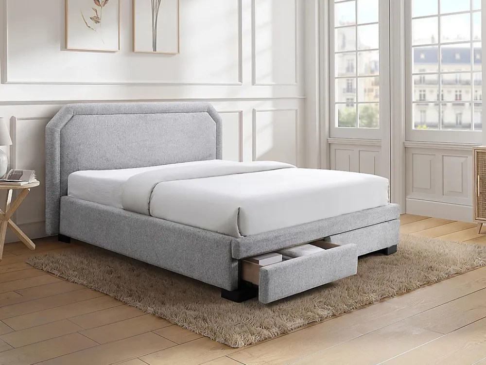Vente-unique Lit avec tiroirs 160 x 200 cm - Tissu - Gris clair - INASTO* Lit Avec Rangement