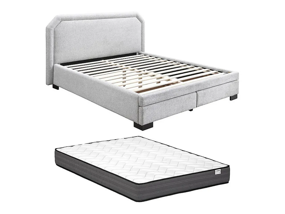Lit avec tiroirs 180 x 200 cm - Tissu - Gris clair + Matelas - INASTO>Vente-unique New