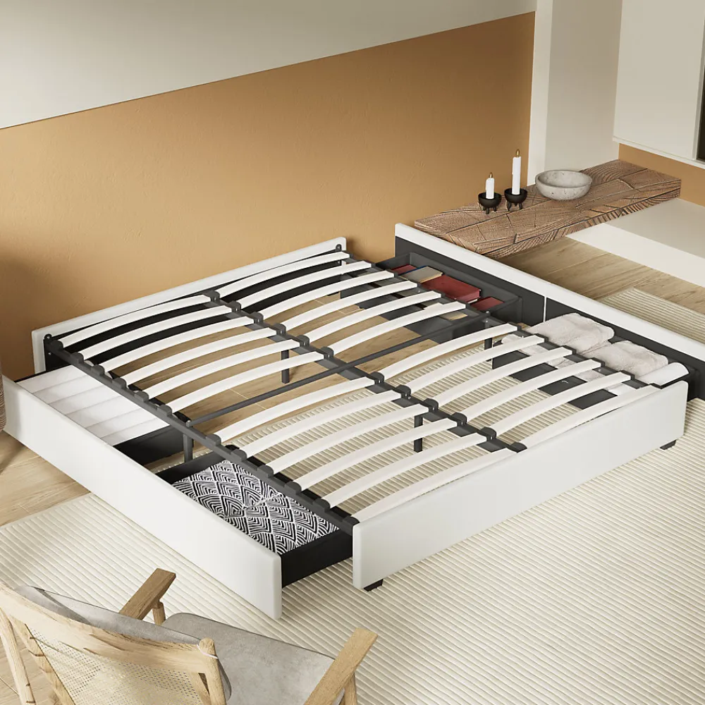 Lit avec tiroirs 140 x 190 cm, Sommier à lattes en bois, Cadre en tissu blanc>November Clearance