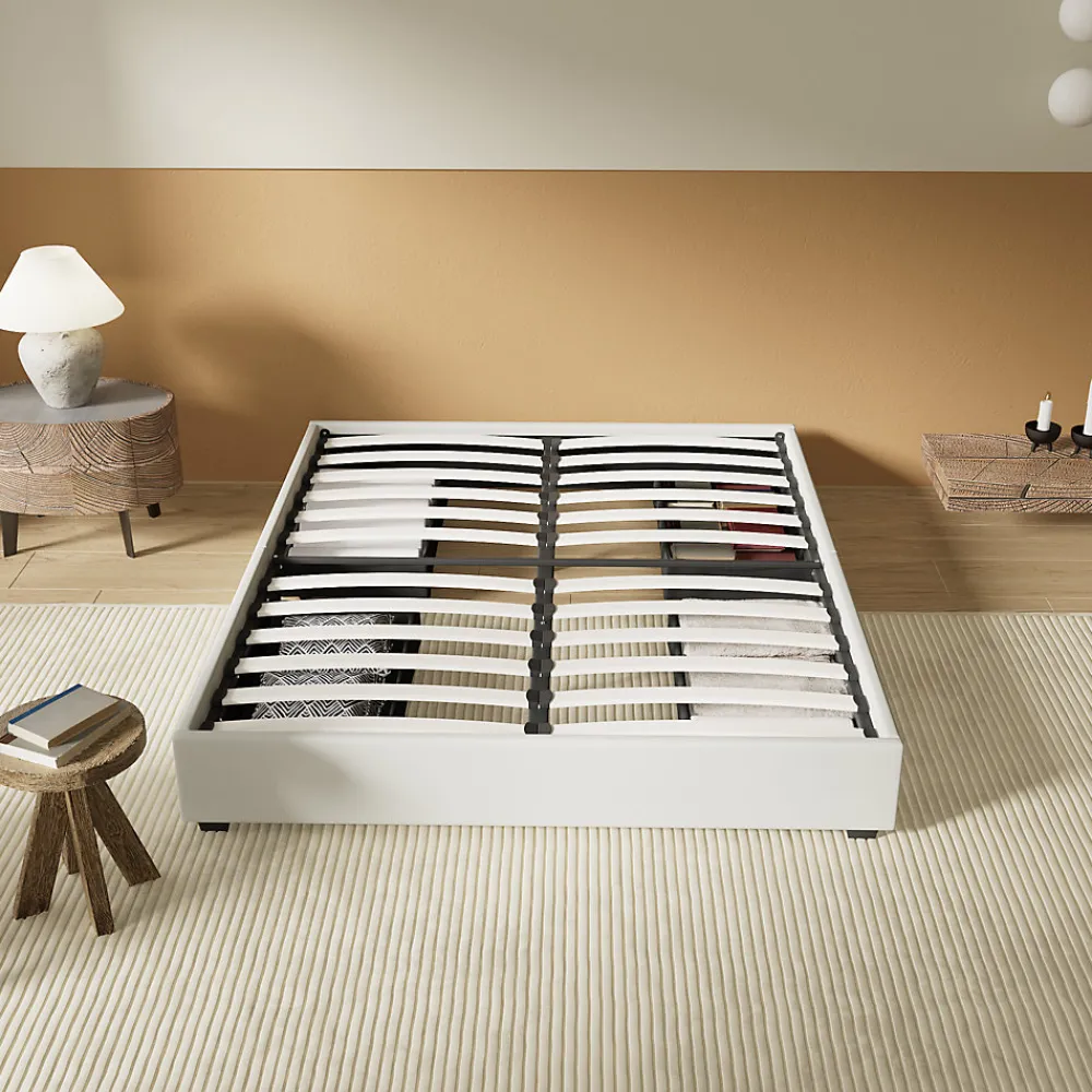 Lit avec tiroirs 140 x 190 cm, Sommier à lattes en bois, Cadre en tissu blanc>November Clearance