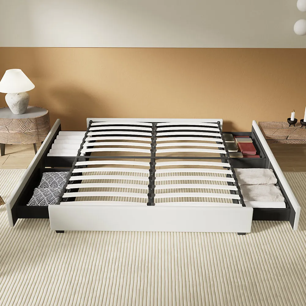 Lit avec tiroirs 140 x 190 cm, Sommier à lattes en bois, Cadre en tissu blanc>November Clearance