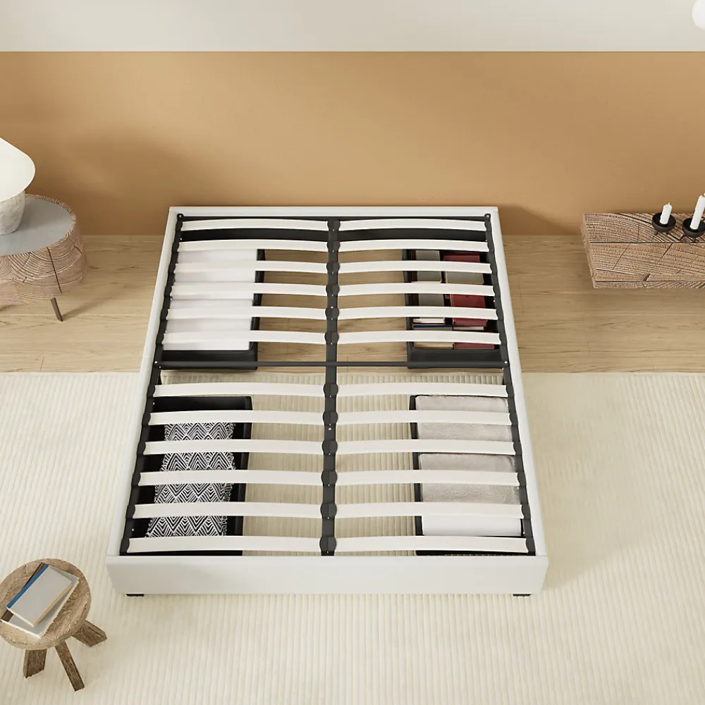Lit avec tiroirs 140 x 190 cm, Sommier à lattes en bois, Cadre en tissu blanc>November Clearance