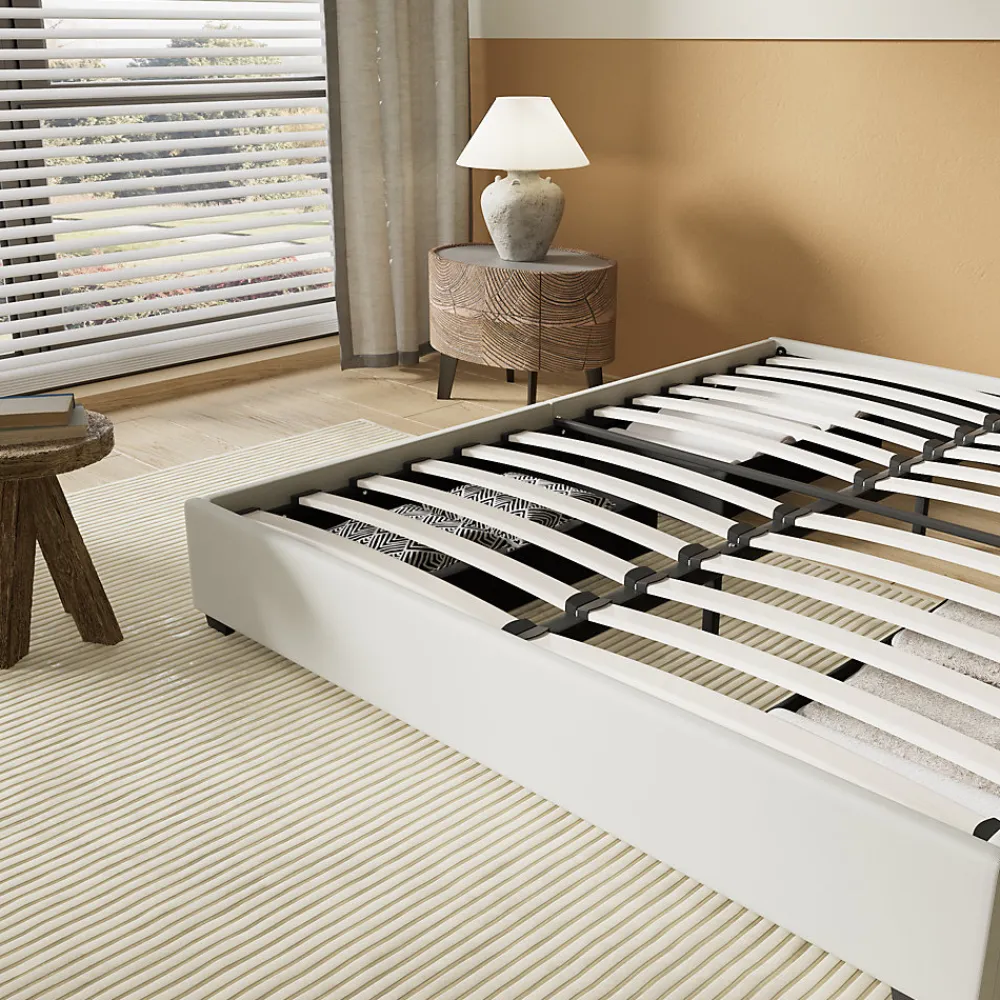 Lit avec tiroirs 140 x 190 cm, Sommier à lattes en bois, Cadre en tissu blanc>November Clearance
