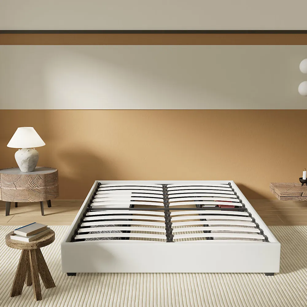 Lit avec tiroirs 140 x 190 cm, Sommier à lattes en bois, Cadre en tissu blanc>November Clearance