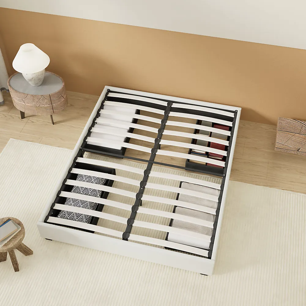 Lit avec tiroirs 140 x 190 cm, Sommier à lattes en bois, Cadre en tissu blanc>November Clearance
