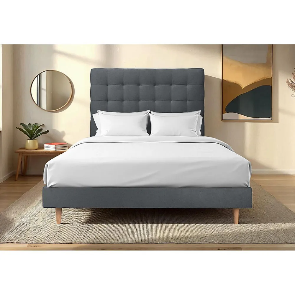Sommeil De Plomb Lit avec tête de lit capitonnée velours et sommier kit - Lit en bois massif* Lit Simple