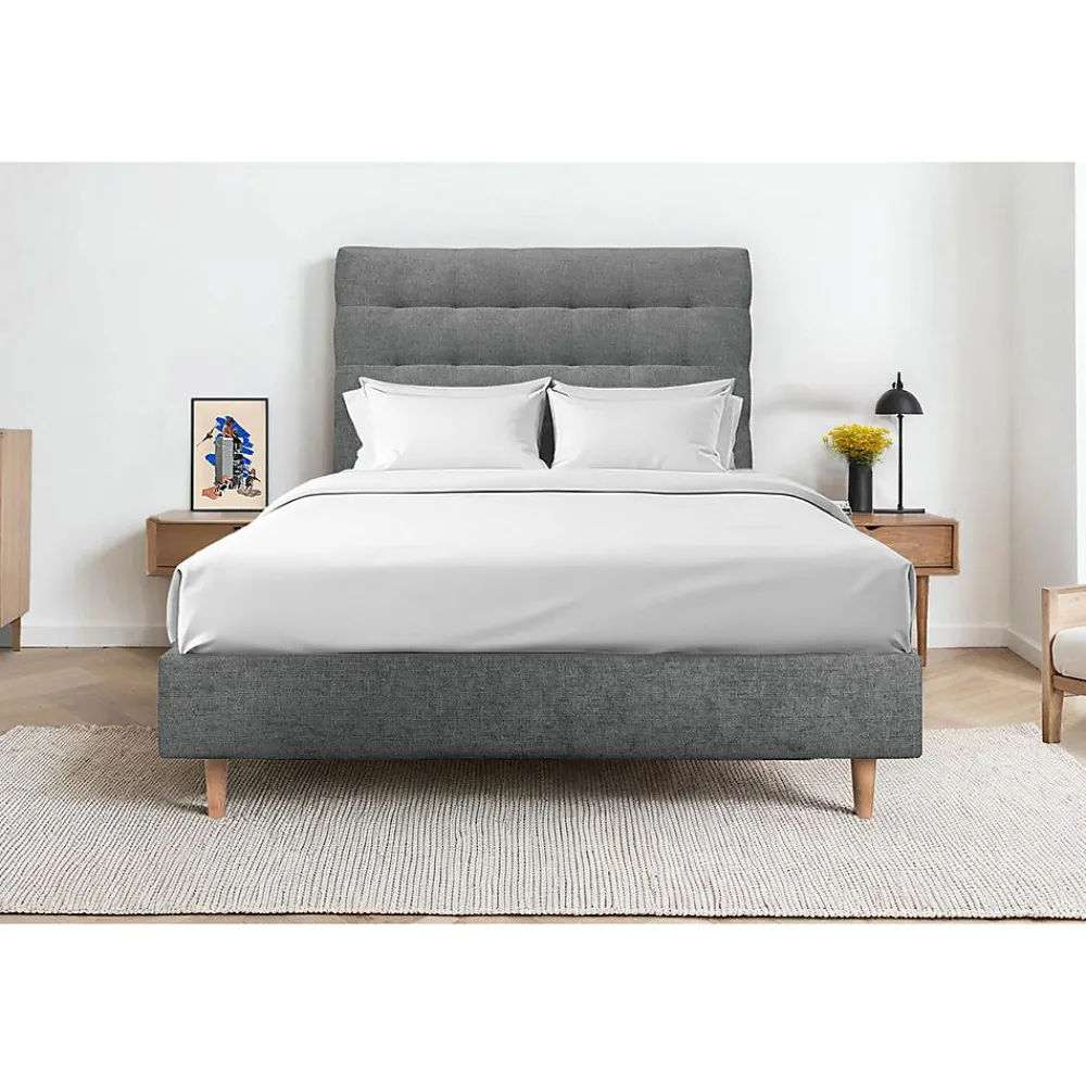 Lit avec tête de lit capitonnée tissu et sommier tapissier - Lit en bois massif>Sommeil De Plomb Sale