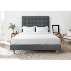 Lit avec tête de lit capitonnée velours et sommier - Lit en bois massif>Sommeil De Plomb Outlet
