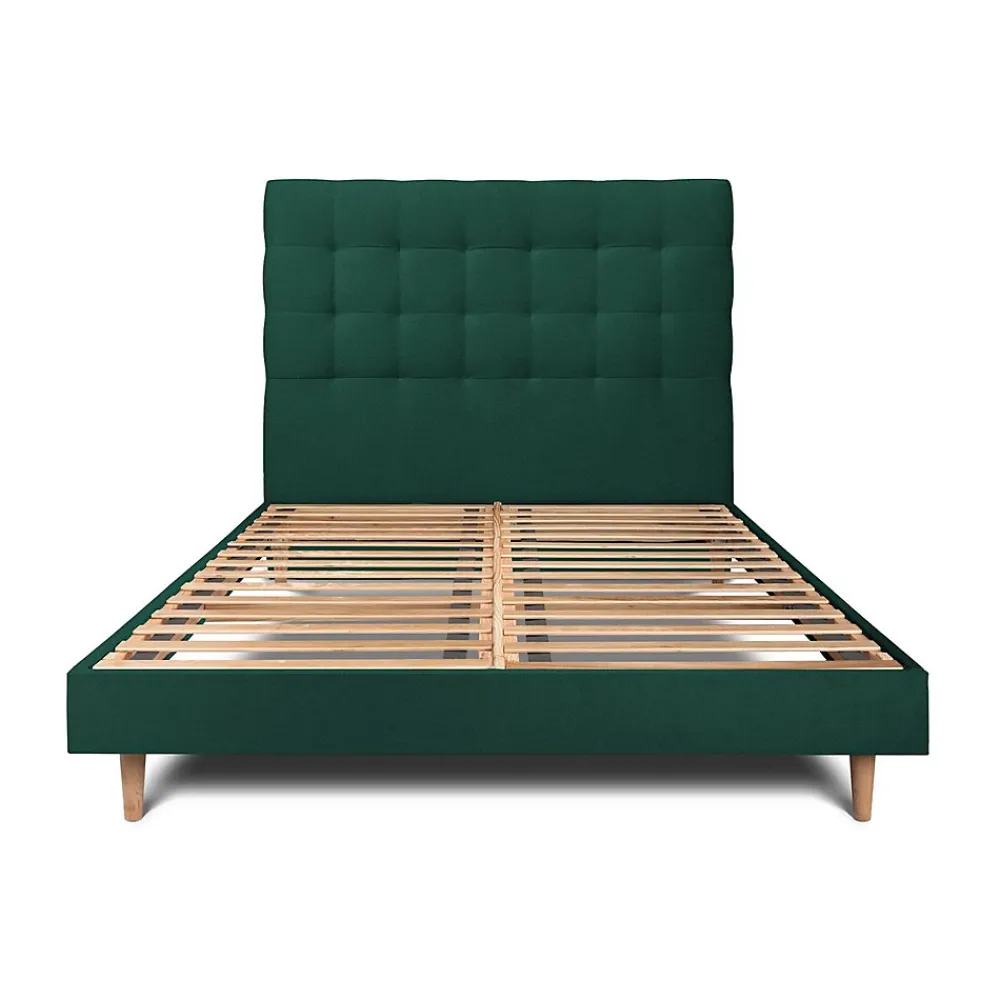 Sommeil De Plomb Lit avec tête de lit capitonnée velours et sommier kit - Lit en bois massif* Lit Double