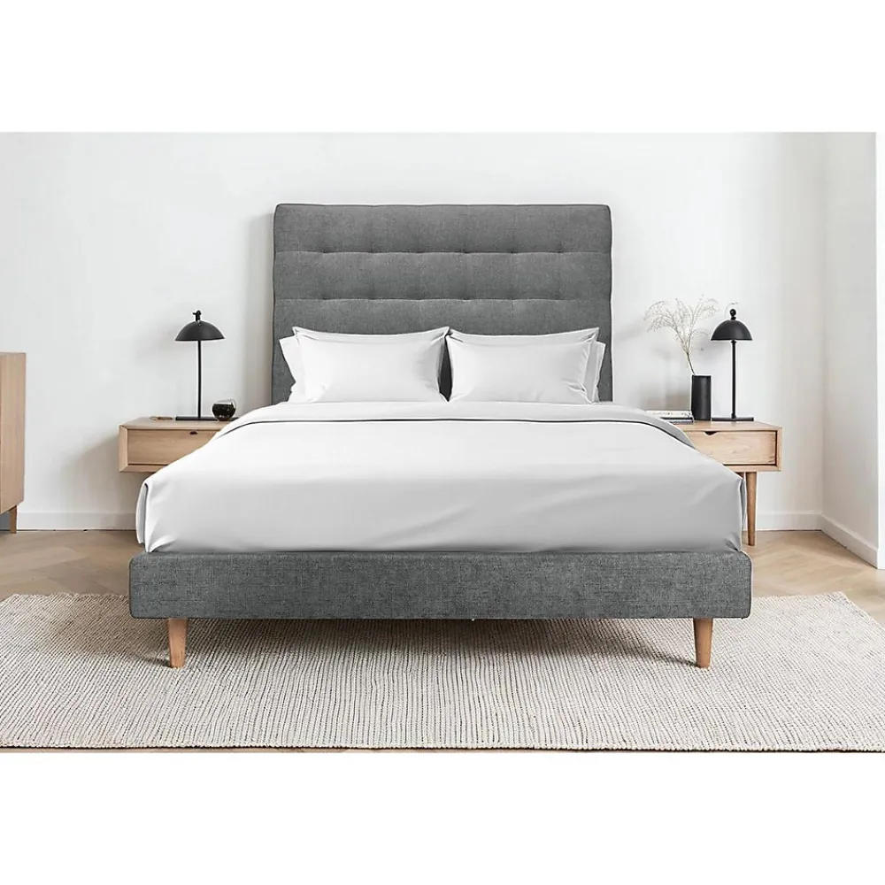 Sommeil De Plomb Lit avec tête de lit capitonnée tissu et sommier tapissier - Lit en bois massif* Lit Double