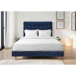 Lit avec tête de lit capitonnée velours et sommier - Lit en bois massif>Sommeil De Plomb Best