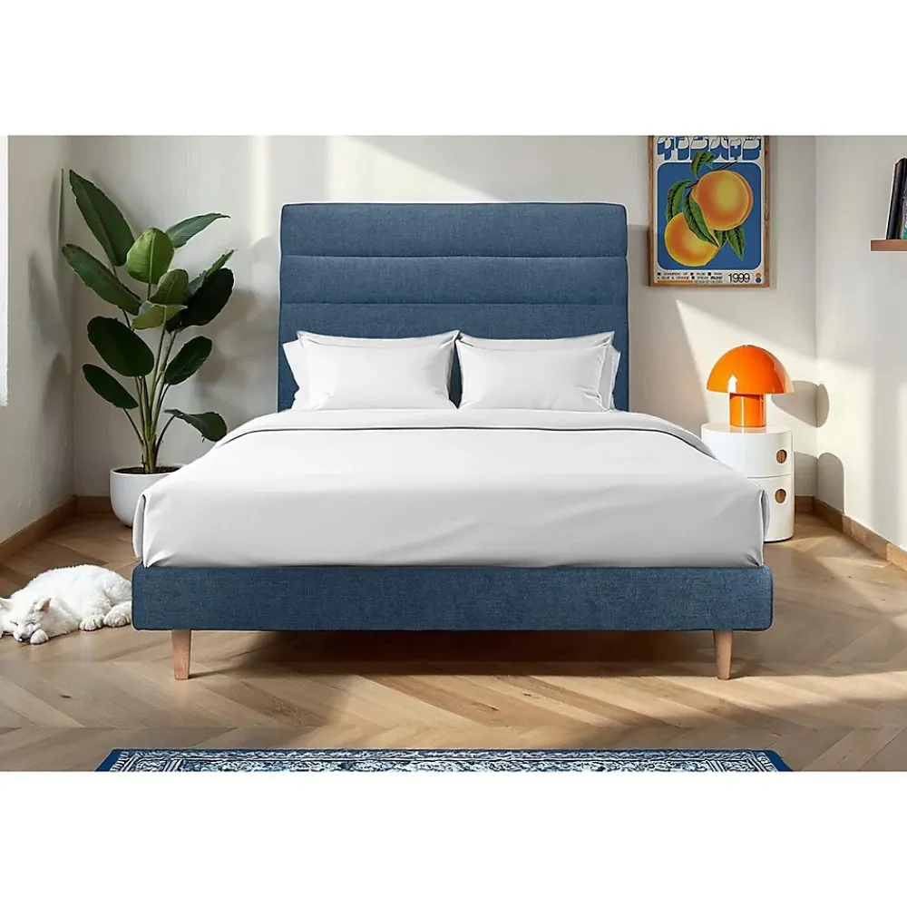 Sommeil De Plomb Lit avec tête de lit lignes tissu et sommier kit - Lit en bois massif* Lit Simple