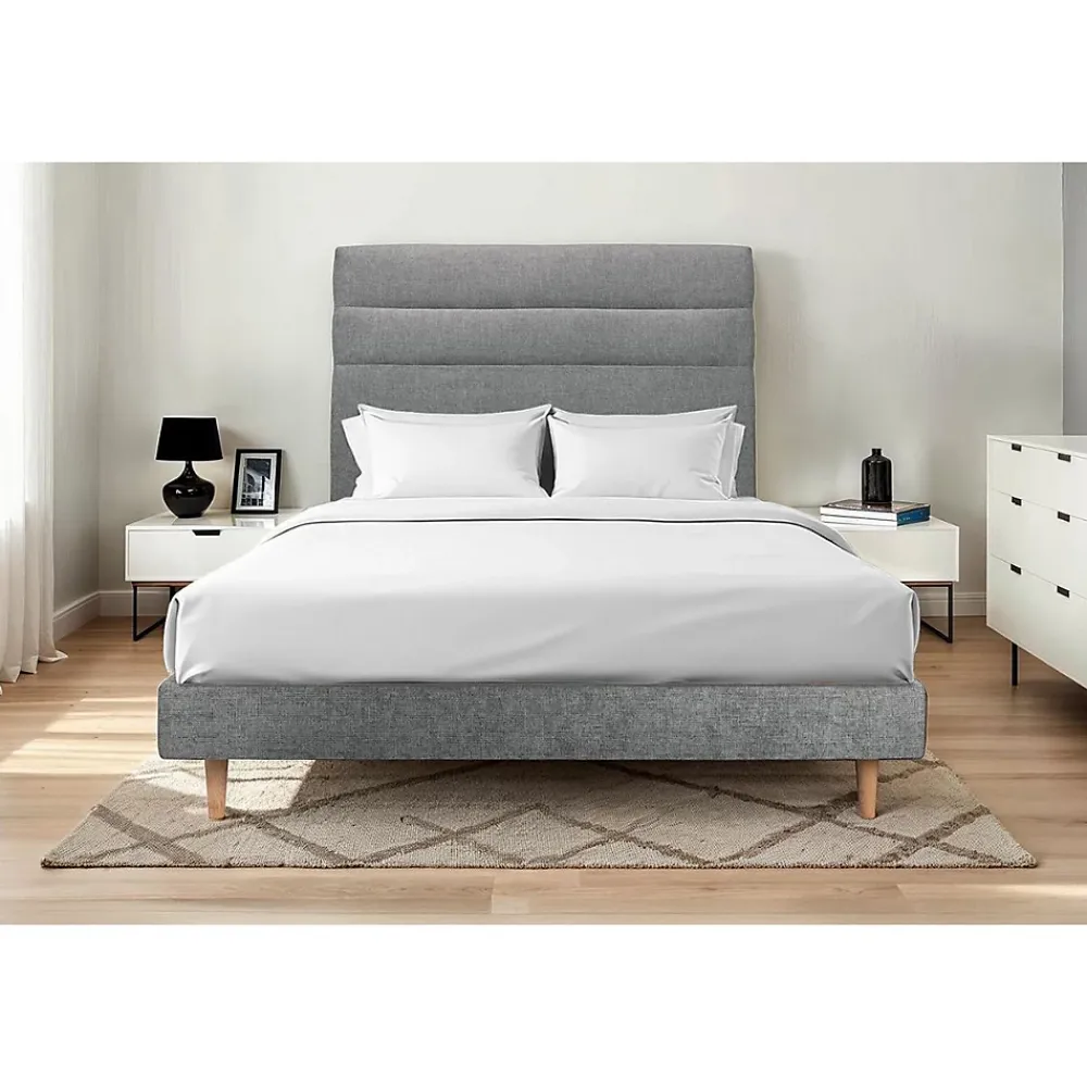 Sommeil De Plomb Lit avec tête de lit lignes tissu et sommier kit - Lit en bois massif* Lit Double